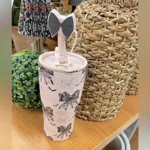 Pink Halloween Black Bows Spiderwebs Insulated Stainless Tumbler w/Lid Straw NWT